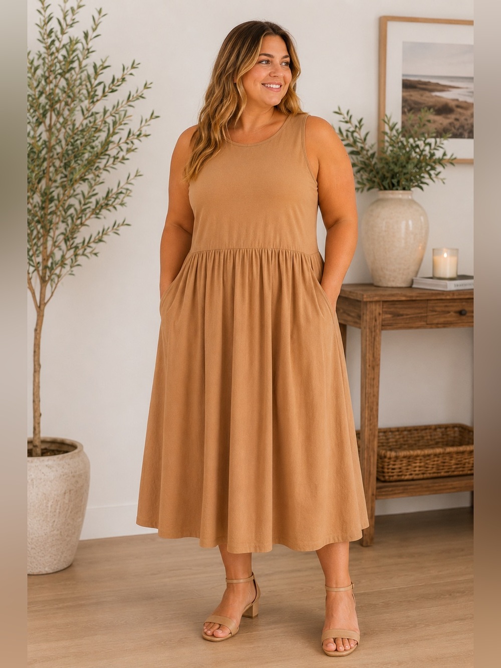LOFT Camel Sleeveless Midi Dress with Pockets Size 12 EUC